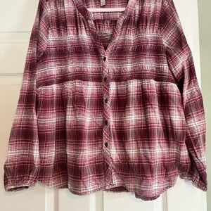 Knox Rose XXL burgundy/wine colored smocked babydoll button down top.